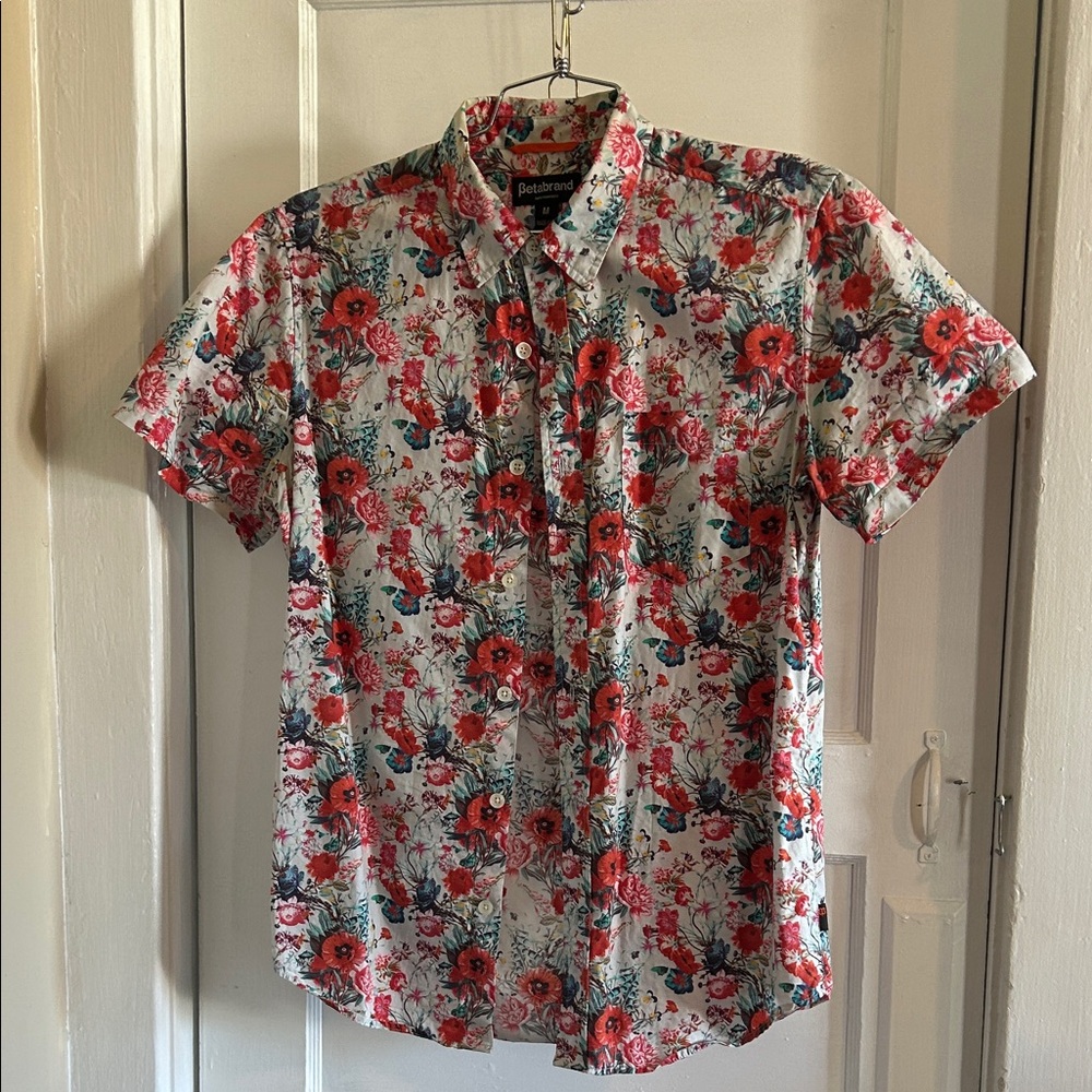 Betabrand Floral Button Down Shirt - Red and White